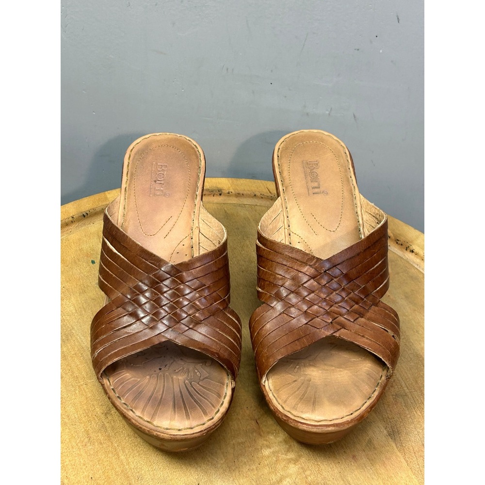 Born Wedge Sandals Womens 10 Brown Leather Woven Slide Platform Wedge
